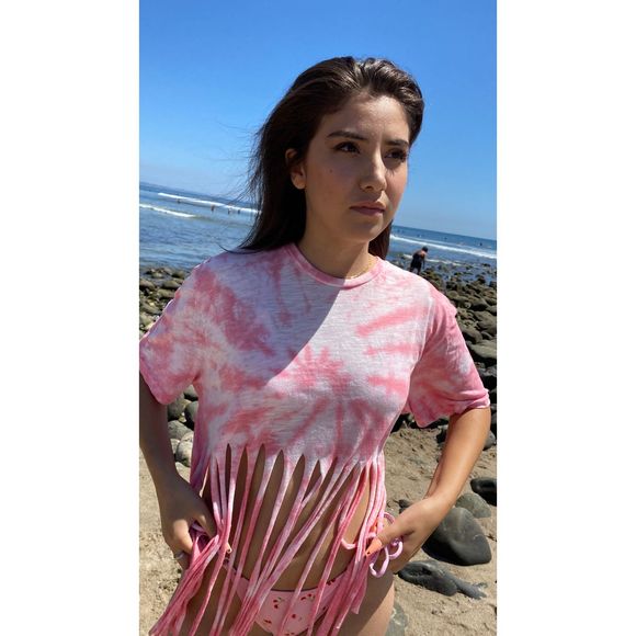 Custom tie dye fringe top Pink spiral M/L - Picture 4 of 4